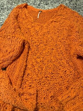 Free People Open-Knit V-Neck Sweater in Bright Orange